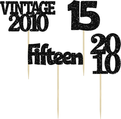 Gyufise 24Pcs 15th Birthday Cupcake Toppers Glitter Fifteen Vintage 2010 Sweet 15 Cupcake Picks Hello 15 Years Birthday Cake Decorations for Happy 15th Anniversary Party Supplies Black