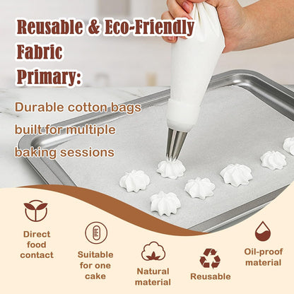 14-Piece Reusable Piping Bags and Tips Set- Cotton Baking Kit with Coupler, Stainless Steel Nozzles,Silicone Cable Ties& Cleaner for Cakes/Cupcakes/Cookies Decorating