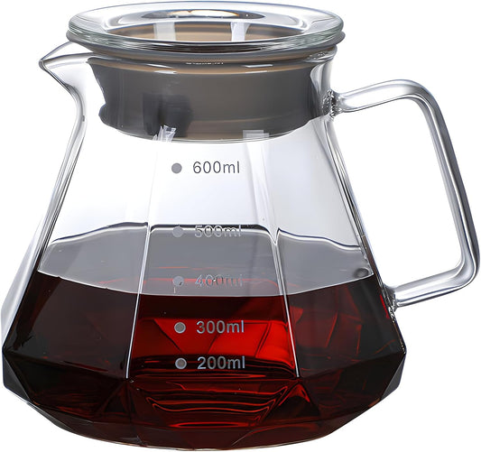 Glass Coffee Server for Drip Coffee Maker,Diamond Fashion Design Glass Coffee Carafe, Coffee Pot with Lid, Clear, 600ml(20oz)