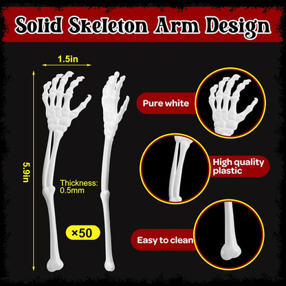 RunNico 50 Pcs 5.9''x1.5'' Halloween Skeleton Cocktail Stirrers, Reusable Skeleton Hand Swizzle Sticks, Halloween Plastic Drink Stirrer for Home Bar Horror Party Table Decorations Photo Props