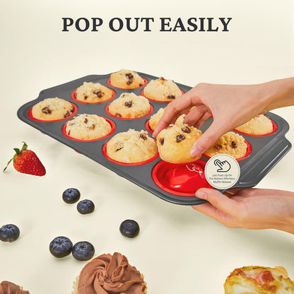 BRONYPRO Silicone Muffin Pans for Baking with Metal Frame, Egg Bite Molds, Cupcake Pans 12 Regular Size, Muffin Tins Easy to Pop Nonstick Non Toxic Bakeware for Oven, Red