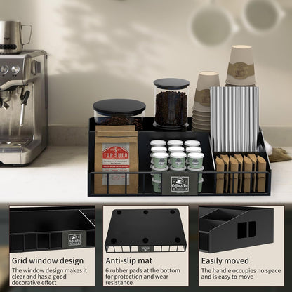 Metal Coffee Station Organizer for Countertop - Coffee Bar Organizer with Designable DIY Logo, K Cup Pods Holder & Tea Condiment Storage - Rustic Breakroom Kitchen Decor in Balck