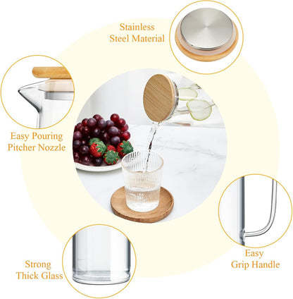 Hsei 2 Sets Glass Pitcher with Lid, 67.6 oz / 2000 ml Water Carafe with Handles Hot Cold Beverage Water Jar Glass Jug for Tea Juice Milk Coffee Iced Beverage(2l)