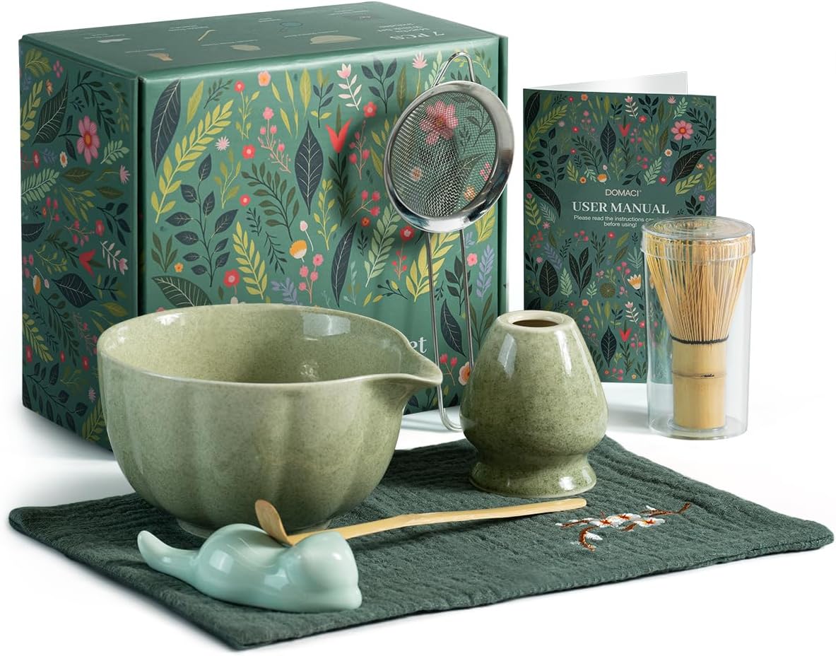 Matcha Kit, 7 Pcs Japanese Matcha Whisk Set Includes Matcha Bowl with Spout, Bamboo Whisk, Chasen Holder, Stainless Sifter, Scoop and Rest, Tea Towel, Matcha Tea Set Gift for Family/Friend