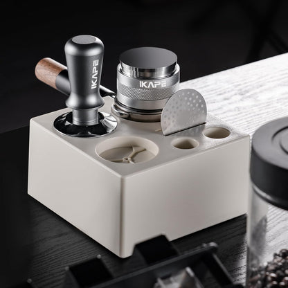 IKAPE 51MM Espresso Tamper Kit Silver 8 IN 1, Coffee Tamper Set comprising a Tamper, Distributor, Magnetic Dosing Funnel, Puck Screen, Station, WDT Tool, along with a Cleaning Towel and Brush