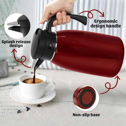 70oz Thermal Coffee Carafe, 2L Stainless Steel Thermos for Hot Drinks, Double Wall Vacuum Carafe for Hot Liquids Large Tea Thermos for Home School Office for Valentine's Day Burgundy