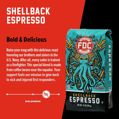 Fire Department Coffee - Gives Back to Firefighters - Shellback Espresso Ground Coffee - Bold & Smooth - Roasted in the USA - Dark Roast Espresso - Veteran Owned (12 oz, Pack of 2)