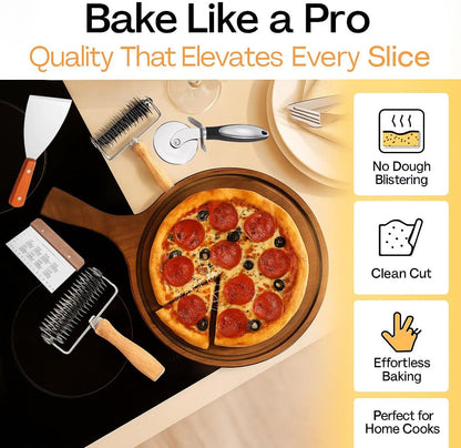 4 PCS Lattice cutter pastry tool roller with bench scraper and pizza cutter – stainless steel wood handle for pie top crust rolling, puff pastry, sourdough, bread, kitchen tools