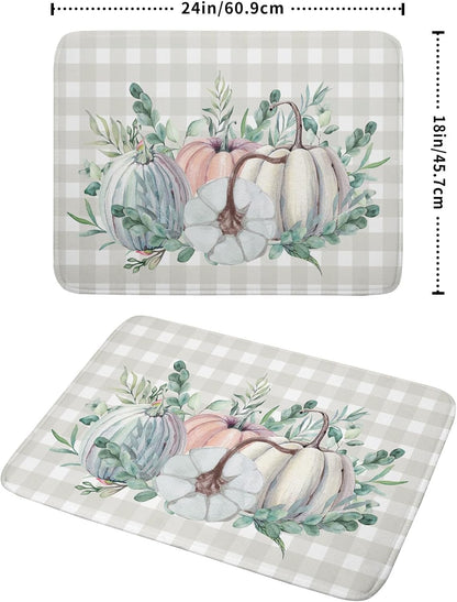 Fall Colorful Pumpkin Dish Drying Mat for Kitchen Counter,Green Leaves Drying Mat with Hanging Loop 18 x 24 Inch Microfiber Grey White Check Plaids Dish Drying Pad Dish Rack Drainer Mat for Coffee Bar