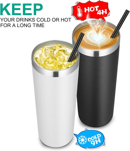 VEGOND Stainless Steel Tumblers Bulk 6 Pack, 20 oz Vacuum Insulated Skinny Tumblers with Lid and Straw, Double Wall Coffee Mug, Travel Water Cup, White