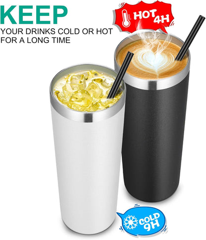VEGOND Stainless Steel Skinny Tumbler, 20 oz Vacuum Insulated Tumbler with Lid and Straw, Double Wall Coffee Cup, Travel Mug for Cold Hot Drinks, White 1 Pack