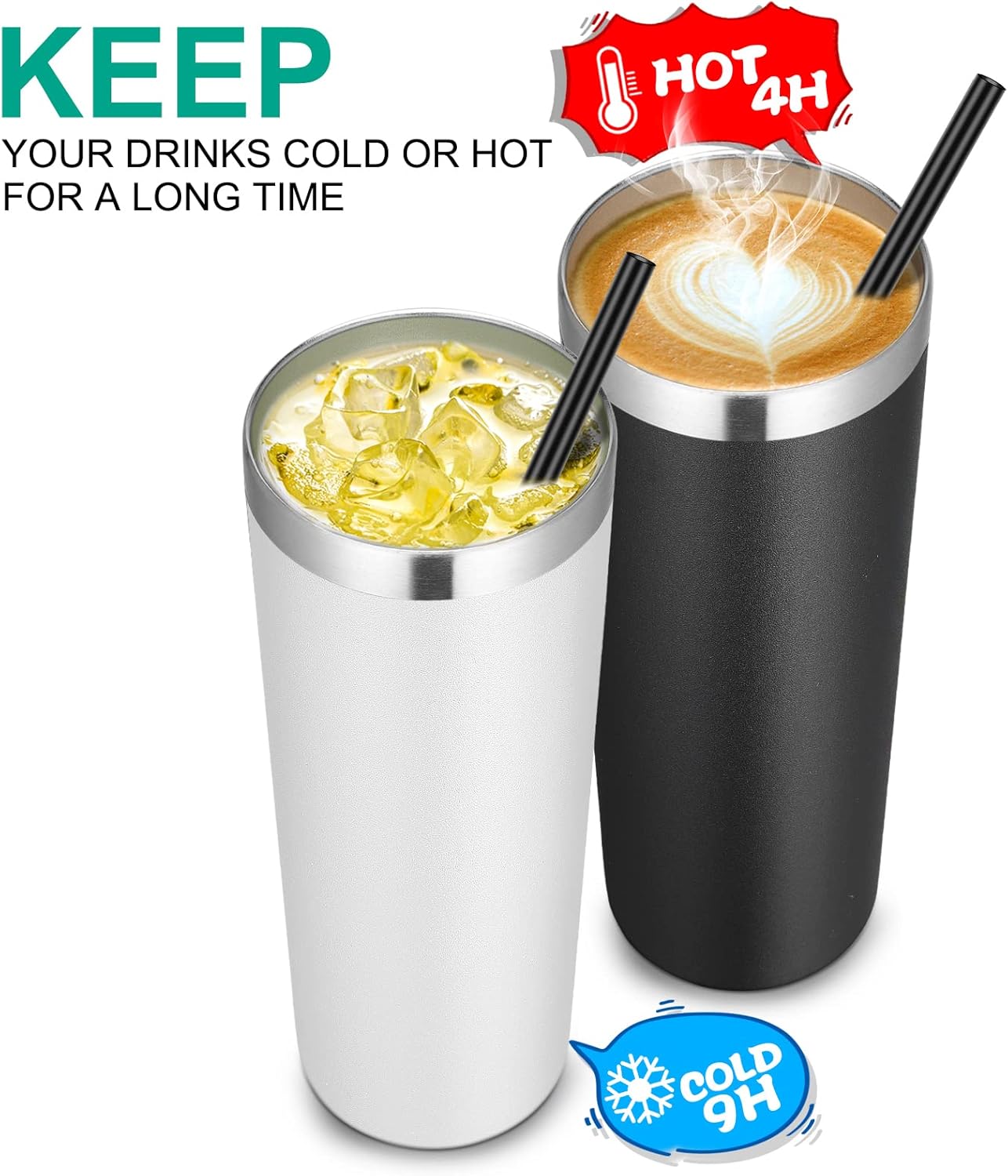 VEGOND Stainless Steel Tumblers Bulk 12 Pack, 20 oz Vacuum Insulated Skinny Tumblers with Lids and Straws, Double Wall Coffee Mug, Travel Water Cup, Black