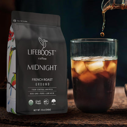 Lifeboost Midnight French Roast Coffee Ground - Non-GMO Single Origin USDA Organic Low Acid Coffee French Roast - Third Party Tested For Mycotoxins & Pesticides - 12 Ounces