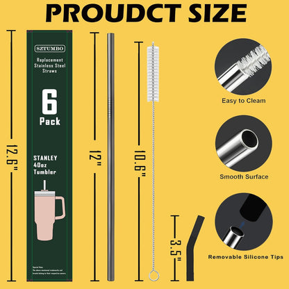 6 PCS Metal Stainless Steel Reusable Straight Straw,with 6Silicone Tips and 2Cleaning Brush,for 40oz Stanley, Hydrapeak, Owala Tumbler,Simple Modern 32 40oz Tumbler(8mm Black)