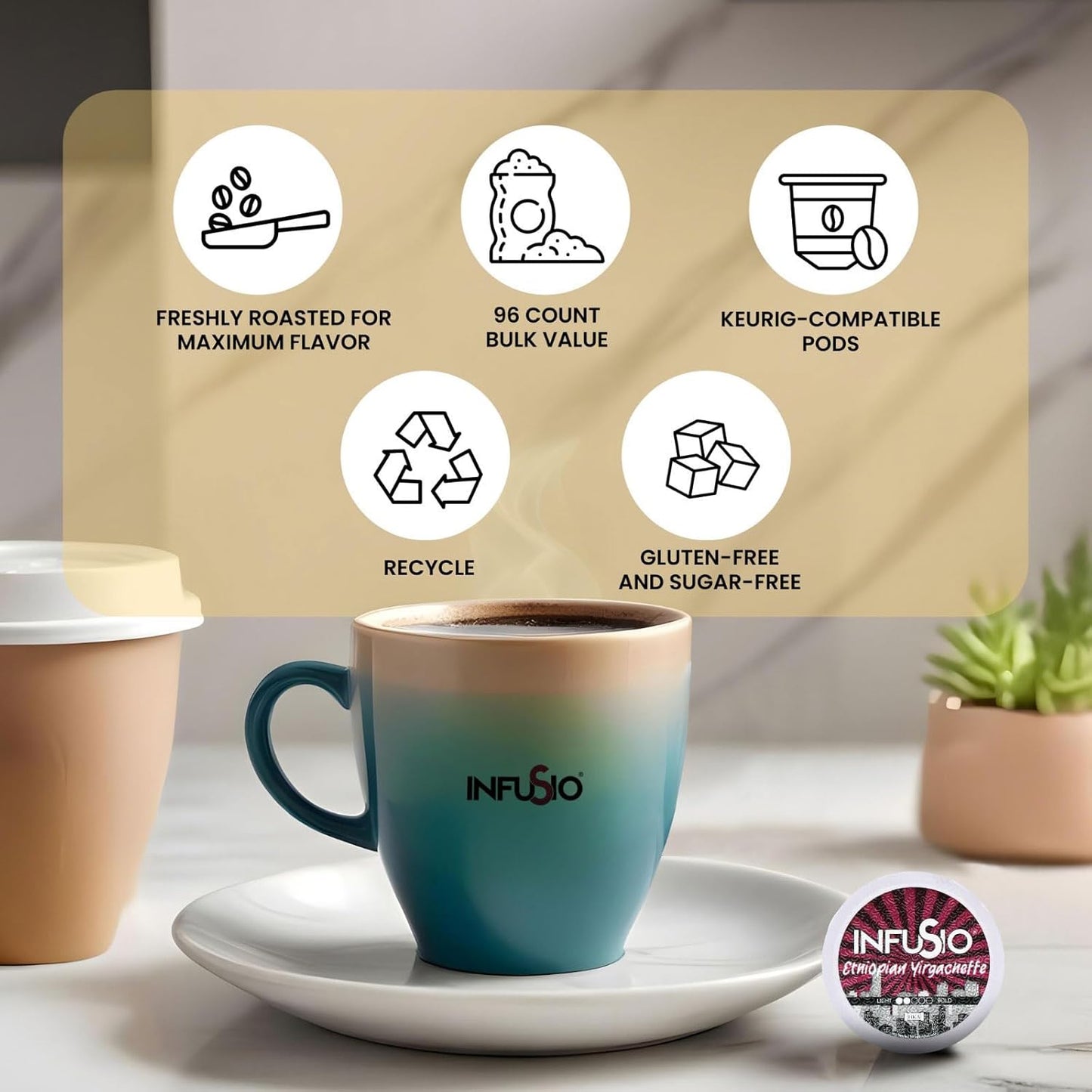 InfuSio Coffee Pods 96 Count Ethiopian Yirgacheffe Gold Medium Light Roast Single serve Coffee pods for Keurig K Cup® Brewers - InfuSio Premium Roasted Keurig 2.0 Compatible
