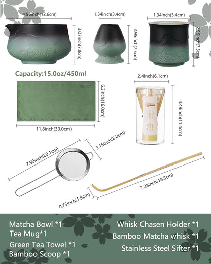 ZENS Matcha Whisk Set, 7pcs Matcha Kit Set with Ceramic Bowl and Matcha Cup, Bamboo Whisk & (Chasen Holder) Sifter, Scoop -Tea Towel, Japanese Chawan for Matcha-Making, Sage Green
