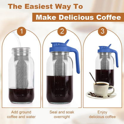 Cold Brew Coffee Maker,64 oz Mason Jar Pitcher with Stainless Steel Filter, Pour Spout Handle Lid, Heavy Duty Glass Airtight & Leak-Proof Pitcher for iced coffee Tea Lemonade -Blue