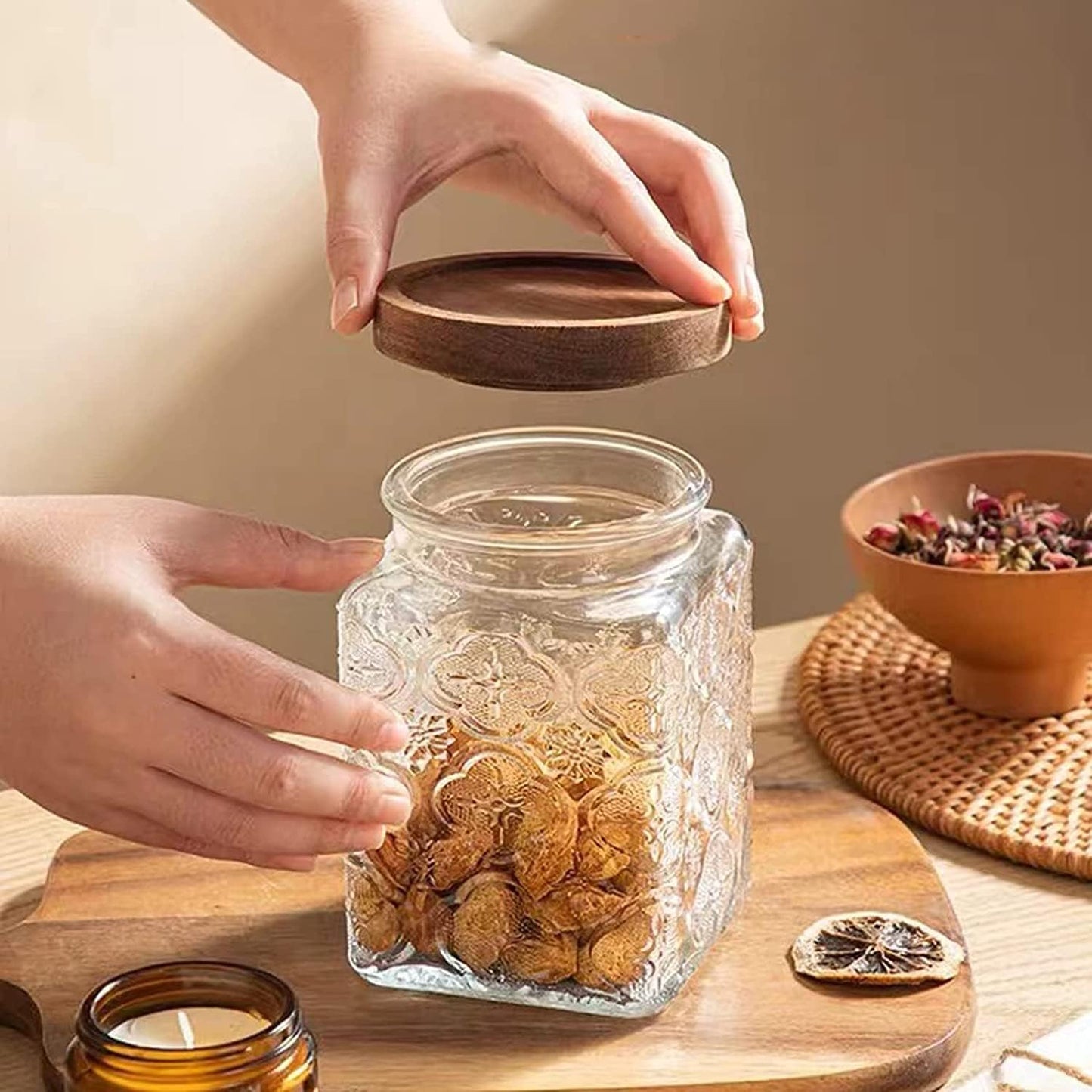 Snminetal Vintage Glass Airtight Storage Jar Set of 4, With Airtight Wood Lid, Kitchen Food Storage Containers,for Kitchen Counter, Pantry, Tea, Sugar,Coffee,Food Storage Jar(Plum pattern)
