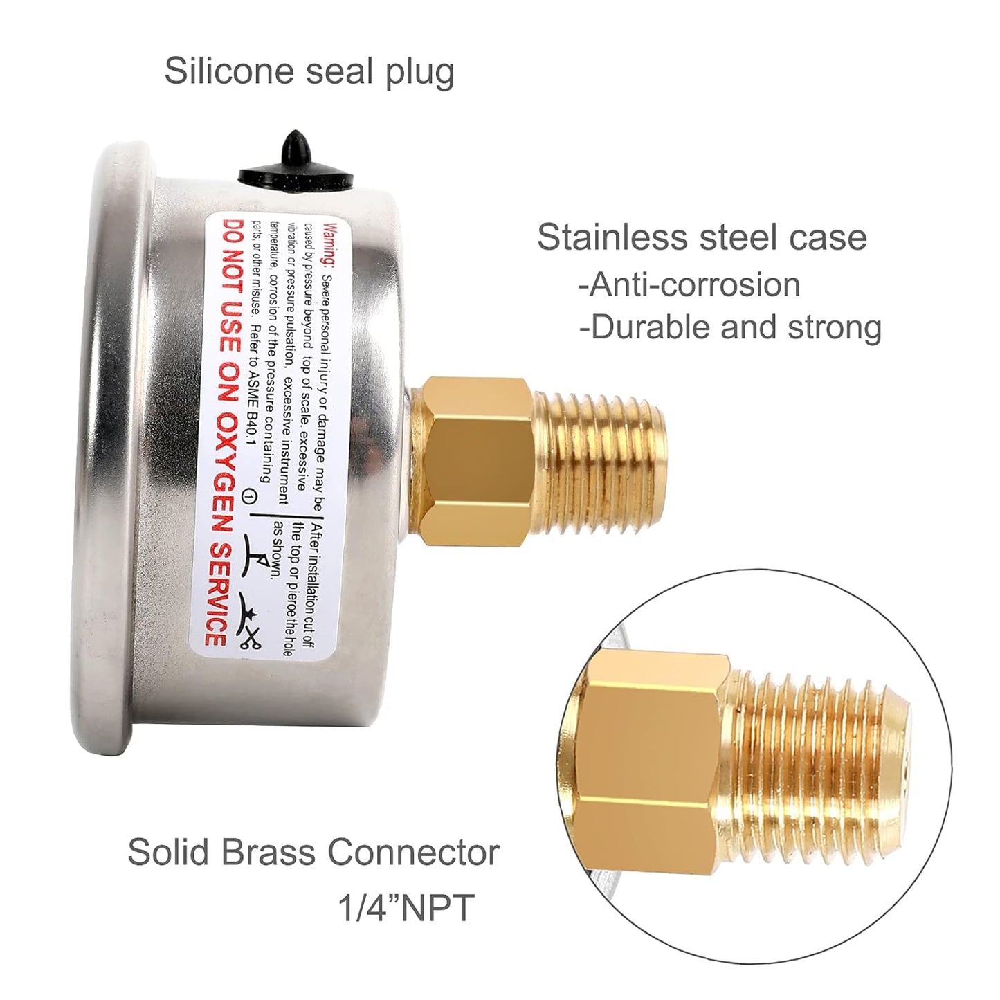 Glycerin Filled Pressure Gauge 3000psi/200bar, Stainless Steel case, Brass Inside Construction, 2-1/2" dial, 1/4" NPT Back Connection.…