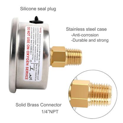 Glycerin Filled Vacuum Pressure Gauge, 2-1/2" Clear dial,1/4" NPT Back Connection, Stainless Steel Case, Brass Movement, Dual Scales -30inHg/-1BAR-0