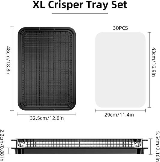 Air Fryer Basket for Oven, OPENICE 18.6" x 12.8" Air Fryer Basket and Tray Set, Extra Large Stainless Steel Air Fryer Pan Crisper Tray for Crisping Fried, Chicken, Bacon - Black