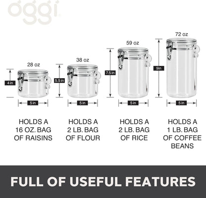 Oggi 4pc Clear Canister Set with Clamp Lids Airtight Containers in Sizes Ideal for Kitchen & Pantry Storage of Bulk, Dry Foods Including Flour, Sugar, Coffee, Rice, Tea, Spices & Herbs