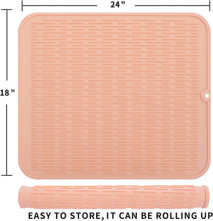 Silicone Dish Drying Mat for Multiple Usage,Easy clean,Eco-friendly,Heat-resistant Silicone Mat for Kitchen Counter or Sink,Refrigerator or Drawer Liner Pink 2XL 24 inches x 18 inches