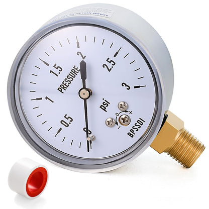 0-3 Psi Low Pressure Gauge, Capsule Gauge with 304 Stainless Steel Case, 2.5" Dial Size, 1/4" NPT Lower Mount, Zero Adjustment, for Air Water Gas Pressure Test