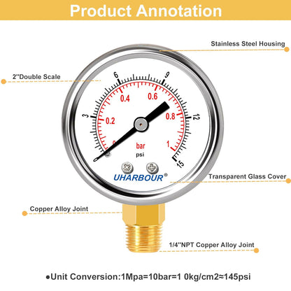 Lead-Free Water Pressure Gauge Liquid Filled 0-15Psi 2" Dial, Stainless Steel Case, 1/4" NPT Lower Mount, Water Pressure Gauge for Home