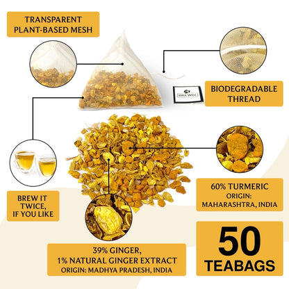 BREWIX, Turmeric Ginger Herbal Tea Bags (50 Pyramid Tea Bags) Caffeine-Free Ayurvedic Blend for Daily Wellness & Immune Balance | Daily Wellness Ritual | Gluten Free | Real Ingredients From India
