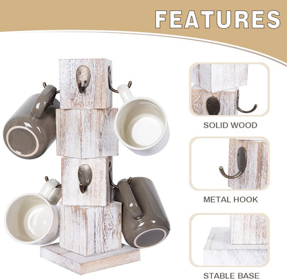 Coffee Mug Holder Tree, Rustic Solid Wood Mug Tree Stand with 8 Hooks, Farmhouse Coffee Cup Holder for Counter, Mug Hanger for Kitchen Organizer, Farmhouse White