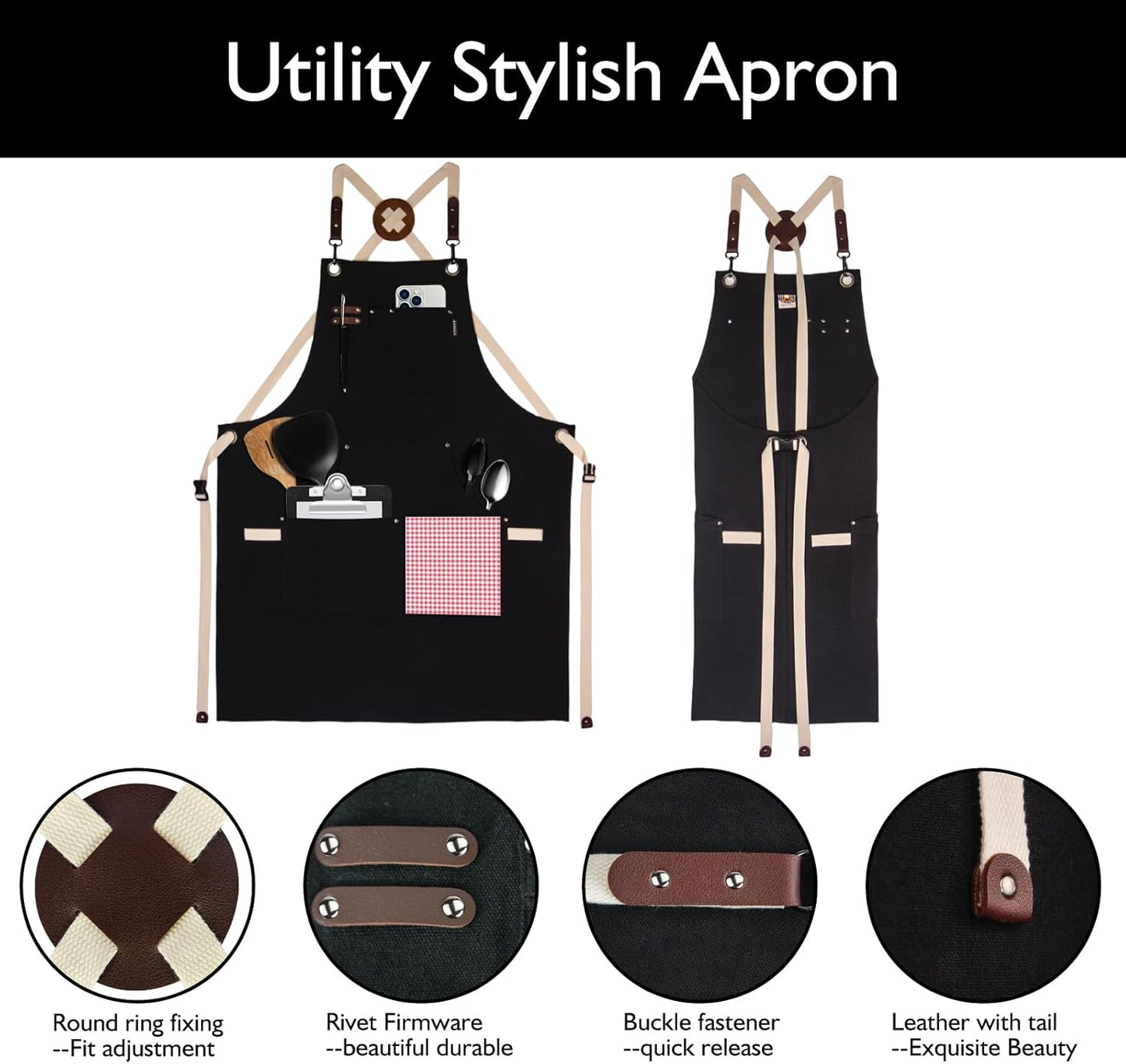 5 Pack Kitchen Apron, Work Apron, Canvas, Multiple Pockets, Gardening, Painting, BBQ, Artist, Carpenter, Sizes M to XXL, Black