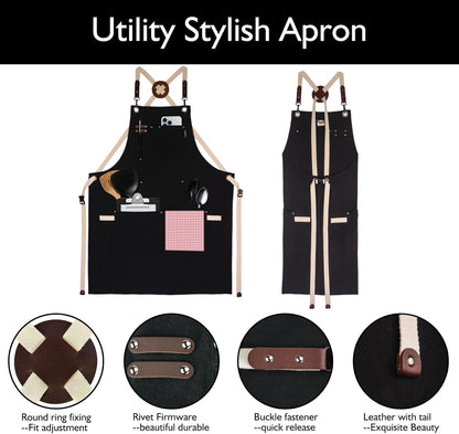 5 Pack Kitchen Apron, Work Apron, Canvas, Multiple Pockets, Gardening, Painting, BBQ, Artist, Carpenter, Sizes M to XXL, Black