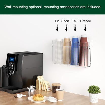 Disposable Coffee Cup Dispenser with Handles, Countertop or Wall Mount Hot/Cold Drink Cup and Lid Holder - Bathroom/Kitchen/Office Acrylic Cup Lid Storage Organizer (4 Compartments, Clear)