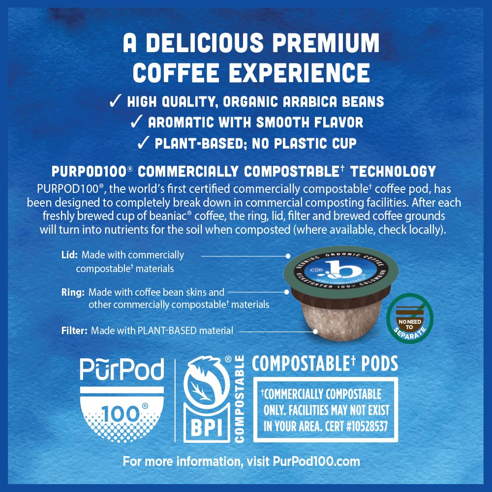 beaniac Organic Kickstarter Colombian, Medium Light Roast, Single Serve Compostable K Cup Coffee Pods, Organic Arabica Coffee, Keurig Brewer Compatible, 30 Count