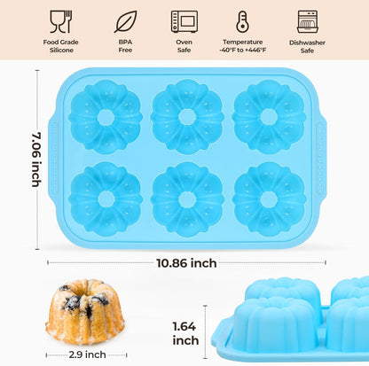 Mini Bundt Cake Pans for Baking, 2Pcs Silicone 6-Cavity Fluted Tube Cake Pan with Metal Reinforced Frame, Nonstick Baking Molds for Cupcake, Brownie, Donuts, Cornbread, Jello