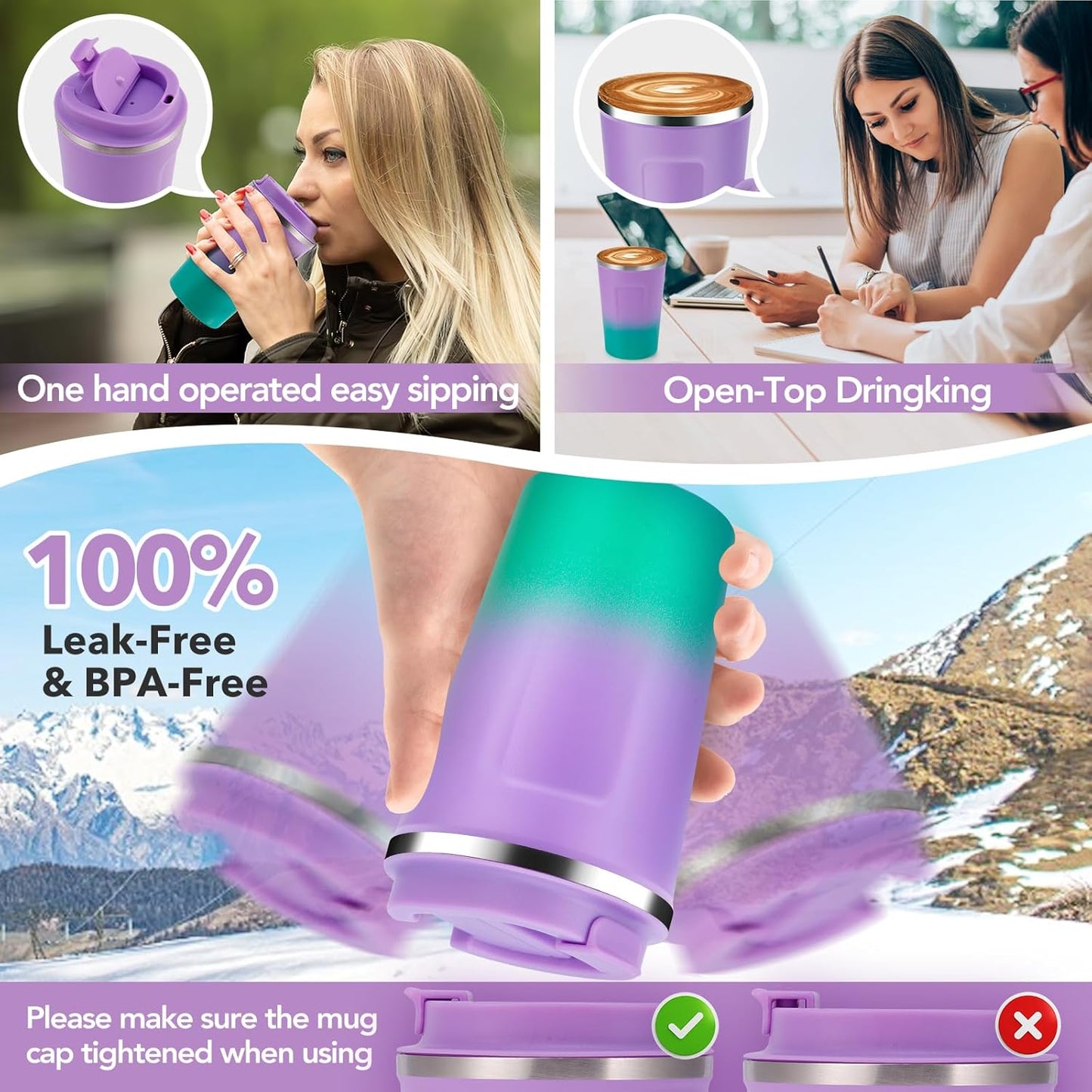 Volhoply 12 oz Double Wall Insulated Vacuum Travel Coffee Mug with Flip Lid Bulk 2 Pack,Reusable Stainless Steel Leak Proof Coffee Cup,Cafe Thermal Tumbler for Cold & Hot Drinks(Purple Green,2 Set)
