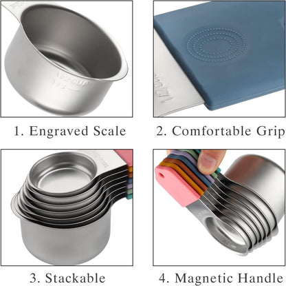 Magnetic Measuring Cups and Spoons Set Including 7 Stainless Steel Heavy Duty Measuring Cup 8 Double Sided Measuring Spoons with 1 Leveler for Dry and Liquid Ingredients (Color)