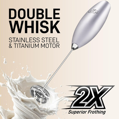 Zulay Kitchen Powerful Double Whisk Milk Frother Handheld - Foam Maker With Stand - Whisk Drink Mixer for Coffee, Mini Foamer for Latte, Matcha, Frappe, Hot Chocolate & Cappuccino (Silver)