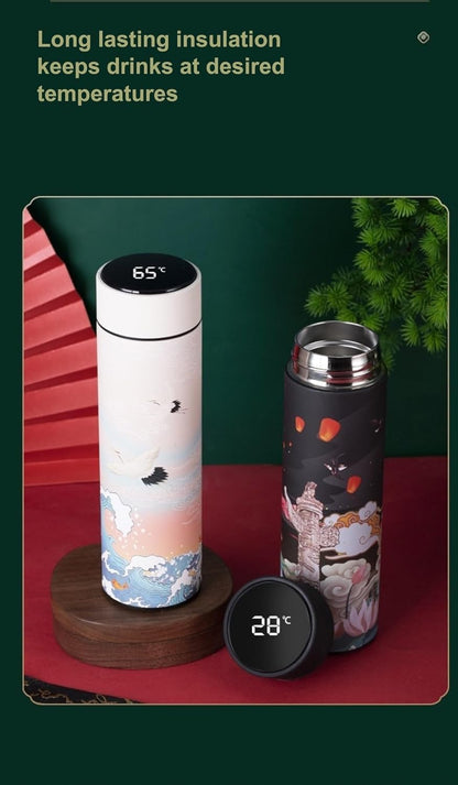 Insulated Coffee Tea Travel Thermos Mug Water Bottle with Removable Strainer and Temperature Featuring Elegant Asian Art Design - 16.9 fl oz (Blue)