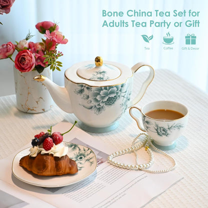 ACMLIFE Bone China Tea Cups and Saucers for 1, 6.8 oz Teacup Set for Adults, with Gold Trim and Gift Box, Blue and White Chinese English British Wedding Tea Set for One Coffee Cup Set (Blue-Leaf)