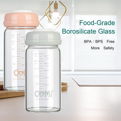 COMI Wide Neck Glass Breastmilk Collection n Storage Bottle, 4 Packs, 8oz with Screw Ring Sealing Disk; Re-markable Sealing Disc. BPA Free, Fits Breast Pumps & Nipples (2 Gray Lids + 2 Pink Lids)