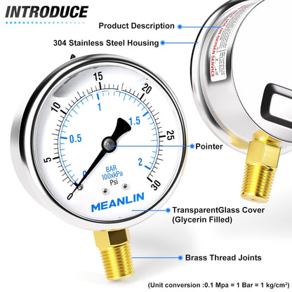 MEANLIN MEASURE 0~30Psi Stainless Steel 1/4" NPT 2.5" FACE DIAL,Liquid Filled Pressure Gauge,WOG Water Oil Air Lower Mount (Pack of 2), with 1/4" x 1/2" NPT and 1/4" x 3/8" NPT Hex Bushing