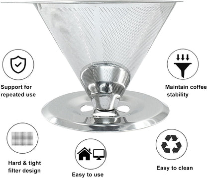 Waziaqoc Pour Over Coffee Dripper, Slow Drip Paperless Coffee Filter, Stainless Steel Pour Over Coffee Maker for 1-4 Cups Brew, Double Mesh Design of Manual Reusable Cone Filter