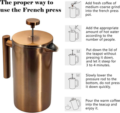 YJX 34oz Coffee Maker, Stainless Steel French Press, 1 Liter Camping Coffee Pot, Tea Maker, 34 Ounce Travel Coffee Presses, Heat Resistant Double Insulated (Coppery)