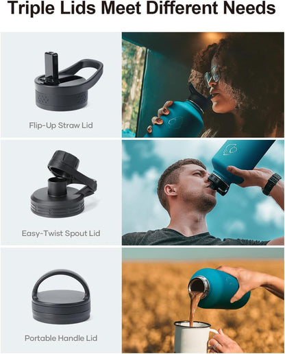 BUZIO 64 oz Water Bottle Insulated with Straw & 3 lid and Carrying Pouch, Leak Proof Half Gallon Stainless Steel Water Flask Jug, Cold for 48 Hrs Double Vacuum Thermo Canteen, BPA-Free, Dark Blue