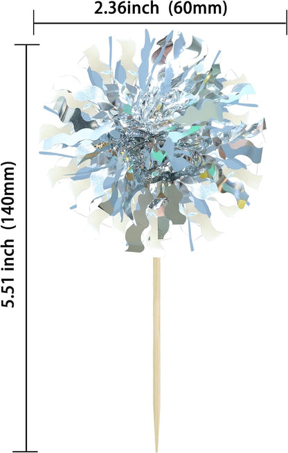 Ephlyn 30Pcs Foil Firework Cupcake Toppers Happy Birthday Cake Toppers Tinsel Flower Drink Stirrers Cocktail Food Fruit Toothpicks for Valentine's Day Party Decorations Silver