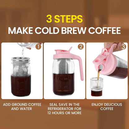Cold Brew Coffee Maker,32 oz Mason Jar Pitcher with Stainless Steel Filter, Pour Spout Handle Lid, Heavy Duty Glass Airtight & Leak-Proof Pitcher for iced coffee Tea Lemonade-Pink