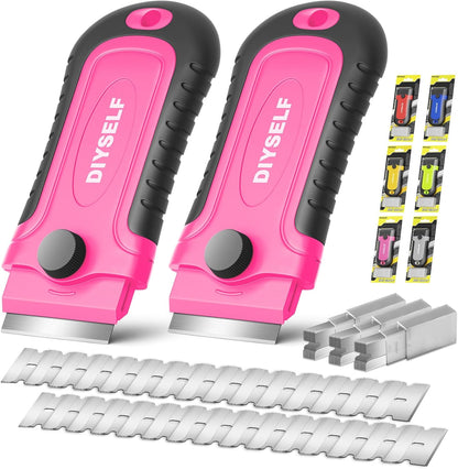 DIYSELF Razor Blade Scraper | 2 Pack Scraper Tool for Cleaning, Glass, Stickers | Paint Scraper | Heavy Duty Razor Scraper | Glass Scraper | 30 Pcs Single Edge Razor Blades for Scraping Included