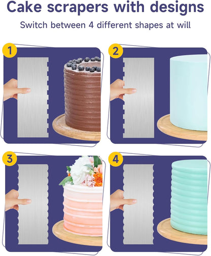 12 Inch Stainless Steel Cake Scraper Set of 2, Metal Cake Scraper Double Sided Patterned Edge for Icing Smoother,Tall Cake Scraper, Cake Combs for Buttercream